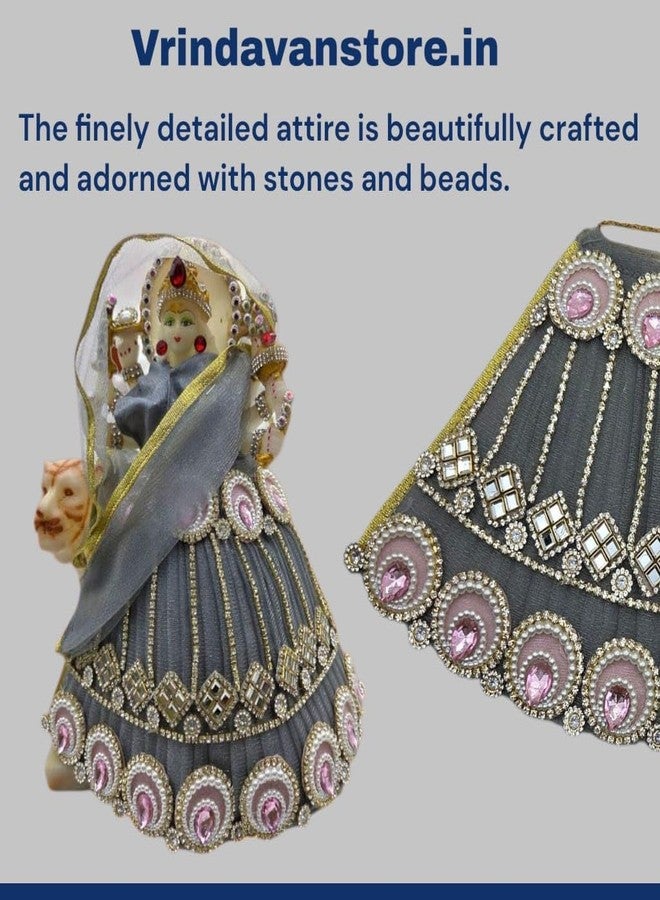 Vrindavanstore.in Navratri MATA Rani Chandraghanta Idol Dress | اليوم الثالث رمادي لينجا 11 بوصة مع دوباتا و6 بوصة تشولي | مصمم بوشاك لـ 17 بوصة أيدول | الأفضل لديفي بوجا وماندير الاحتفالي - Image 3
